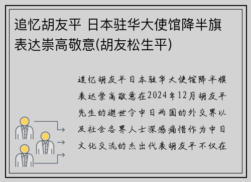 追忆胡友平 日本驻华大使馆降半旗 表达崇高敬意(胡友松生平)