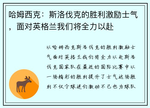 哈姆西克：斯洛伐克的胜利激励士气，面对英格兰我们将全力以赴