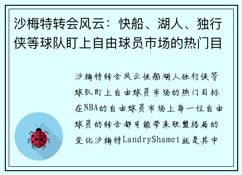 沙梅特转会风云：快船、湖人、独行侠等球队盯上自由球员市场的热门目标