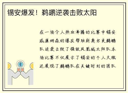 锡安爆发！鹈鹕逆袭击败太阳
