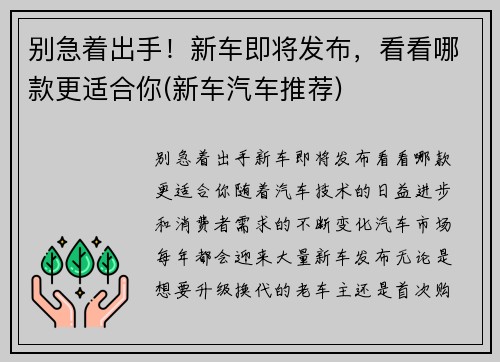 别急着出手！新车即将发布，看看哪款更适合你(新车汽车推荐)