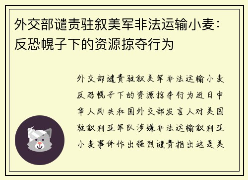 外交部谴责驻叙美军非法运输小麦：反恐幌子下的资源掠夺行为