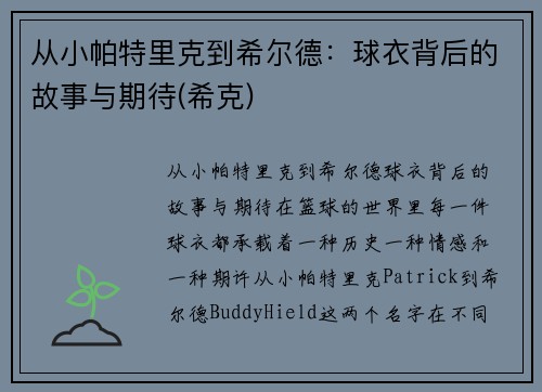 从小帕特里克到希尔德：球衣背后的故事与期待(希克)