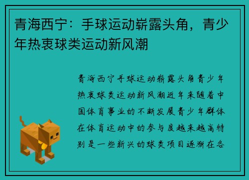 青海西宁：手球运动崭露头角，青少年热衷球类运动新风潮