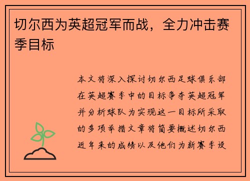 切尔西为英超冠军而战，全力冲击赛季目标