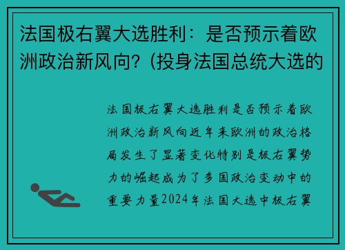 法国极右翼大选胜利：是否预示着欧洲政治新风向？(投身法国总统大选的极右翼)